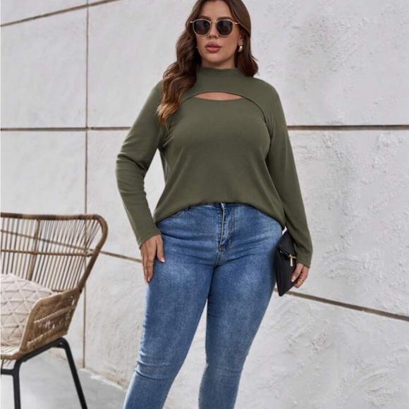 SHEIN Curve Long Sleeve Olive Green Ribbed Cutout Top Size 0XL - Picture 3 of 11